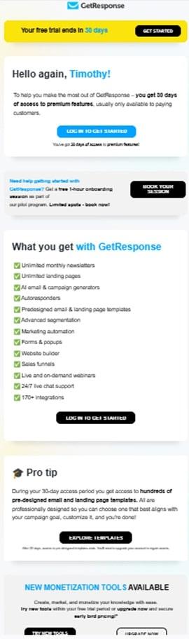 GetResponse follow-up onboarding email with feature highlights and next steps for user engagement